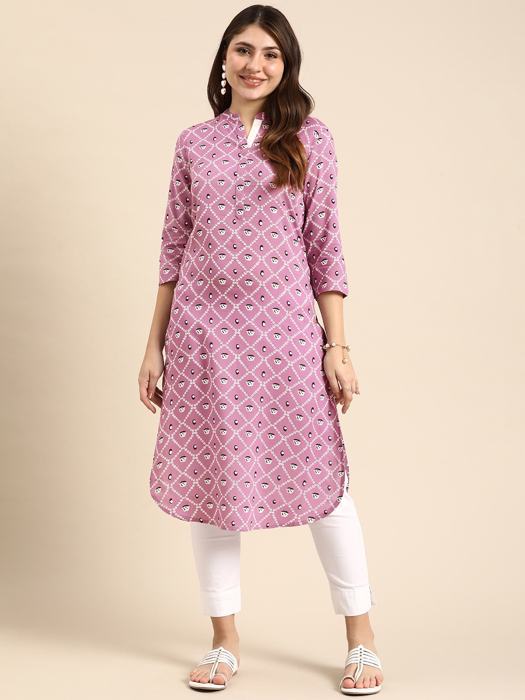 

Anouk Geometric Printed Mandarin Collar Casual Kurta, Purple