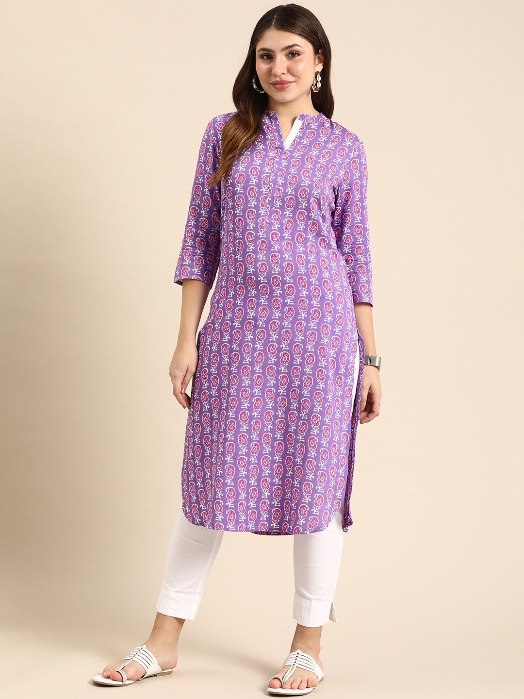 

Anouk Paisley Printed Mandarin Collar Casual Kurta, Purple