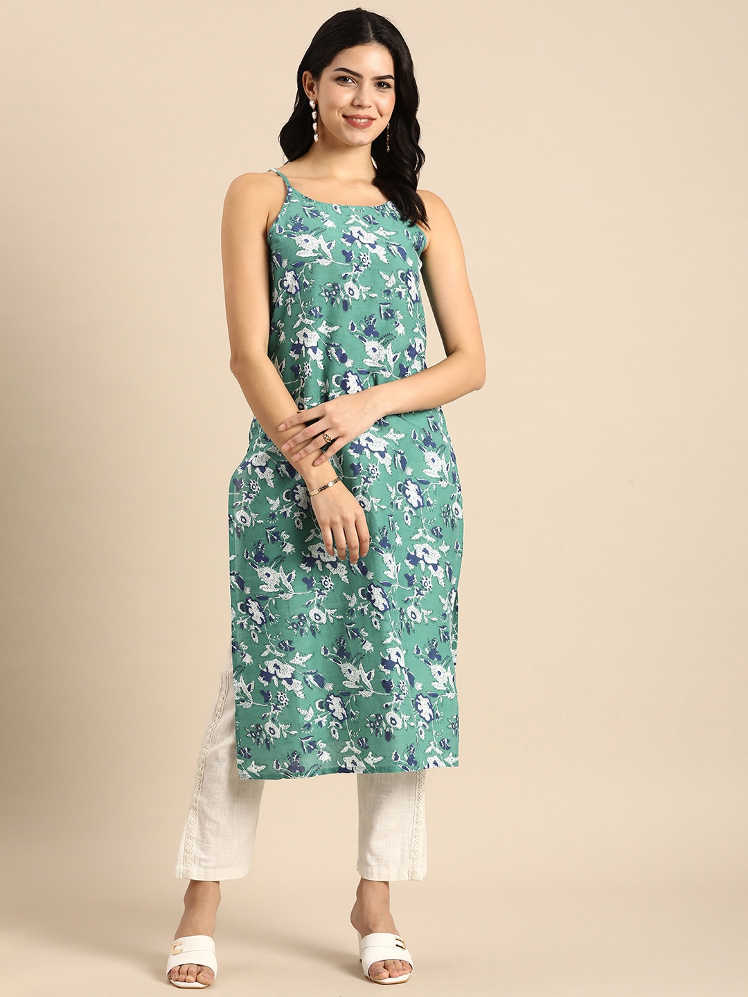 

Anouk Ethnic Motifs Printed Sleeveless Pure Cotton Straight Kurta, Green