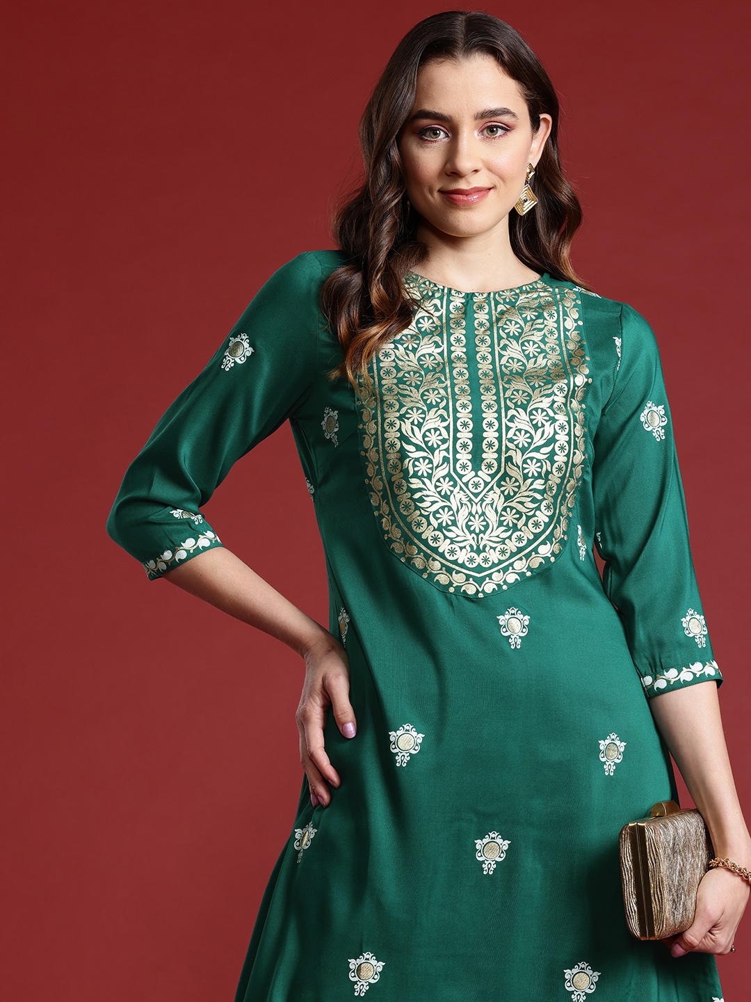 

Anouk Ethnic Motifs Printed Straight Kurta, Green