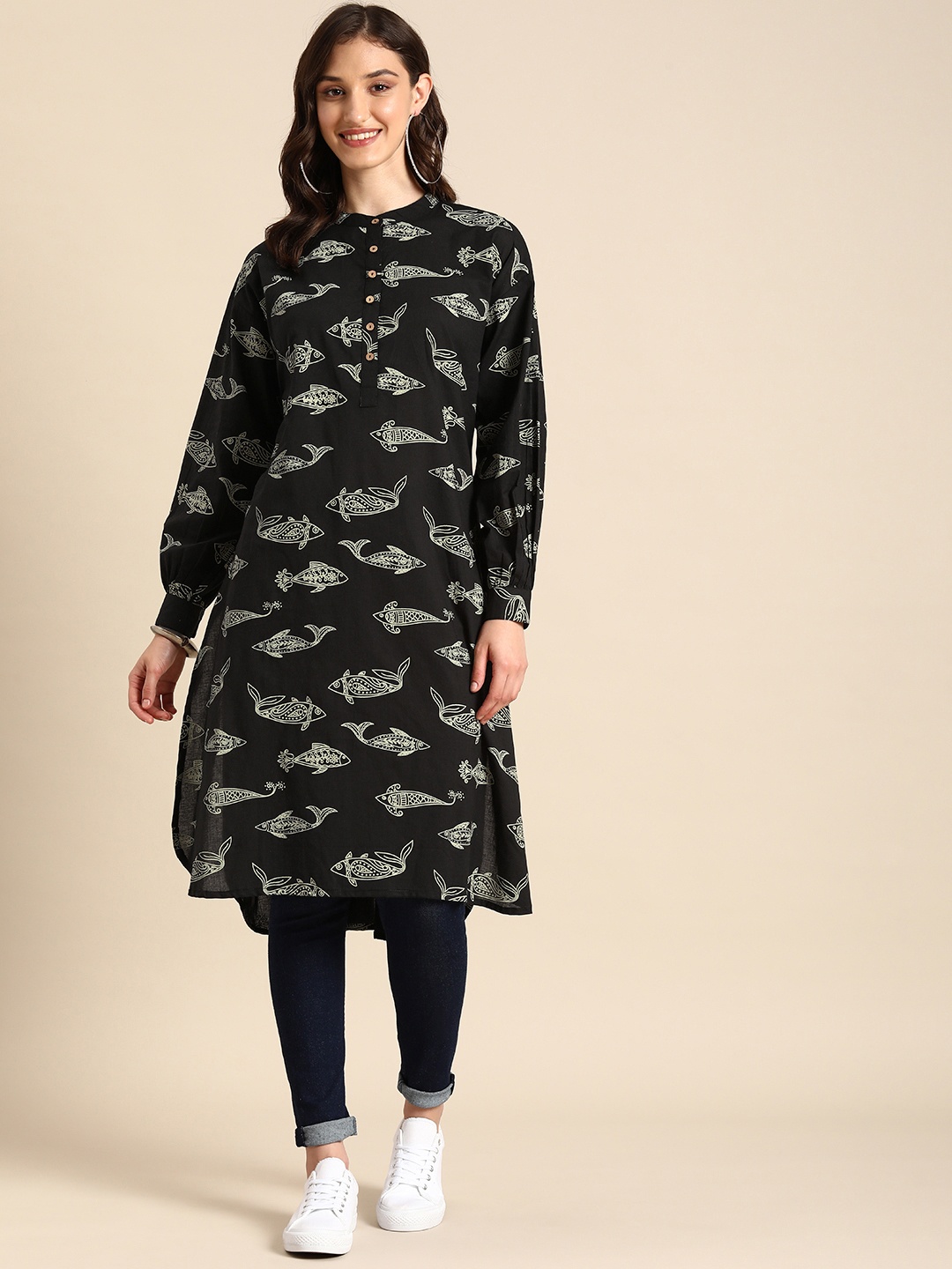 

Anouk Ethnic Motifs Printed Pure Cotton A-Line Kurta, Black