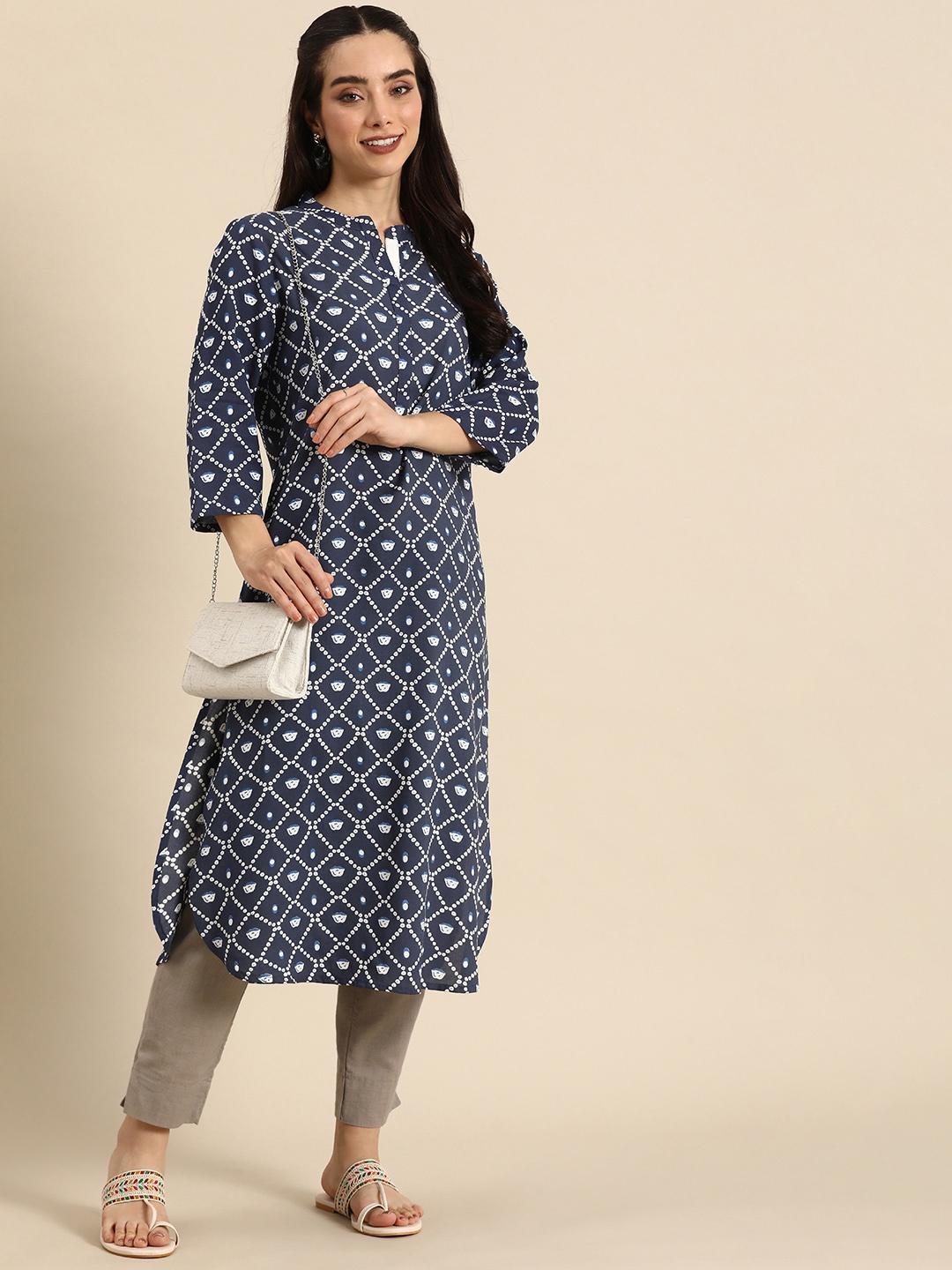 

Anouk Geometric Printed Kurta, Navy blue