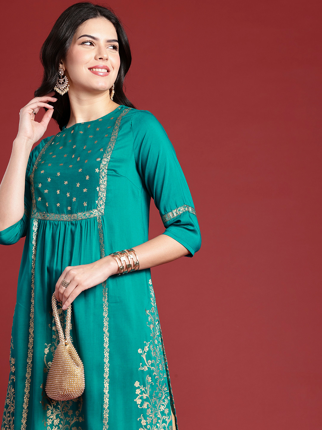 

Anouk Ethnic Motifs Printed A-Line Kurta, Teal
