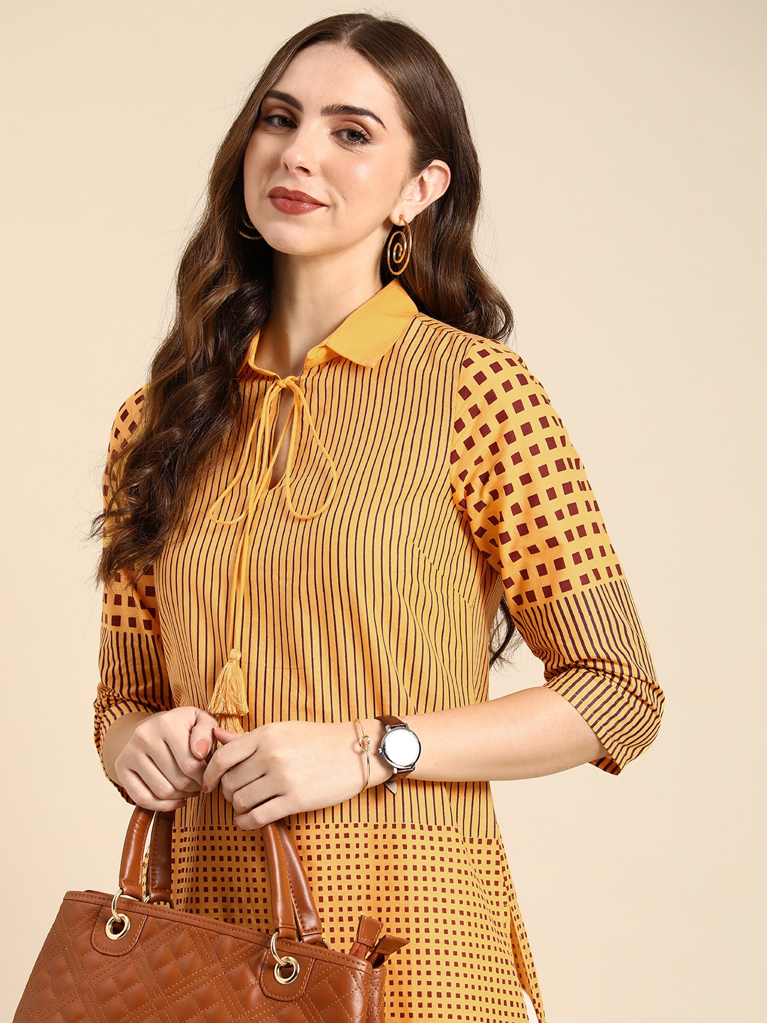 

Anouk Pure Cotton Geometric Printed Shirt Collar Kurta, Yellow