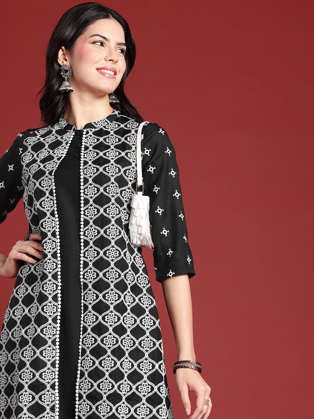 

Anouk Ethnic Motifs Embroidered Layered Kurta, Black