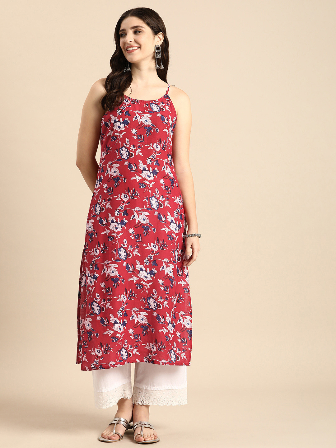 

Anouk Ethnic Motifs Printed Sleeveless Pure Cotton Straight Kurta, Red