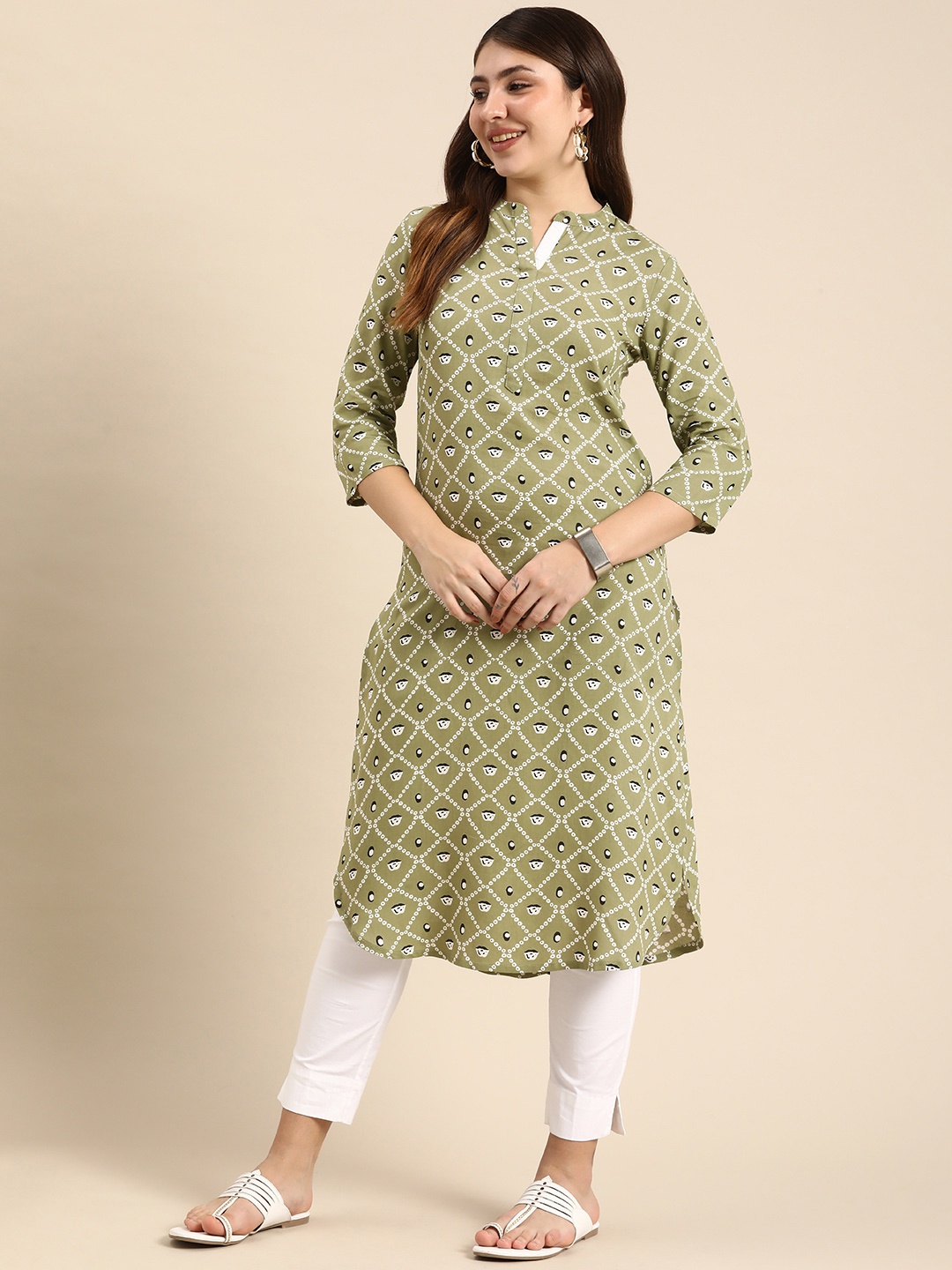 

Anouk Geometric Printed Mandarin Collar Casual Kurta, Green