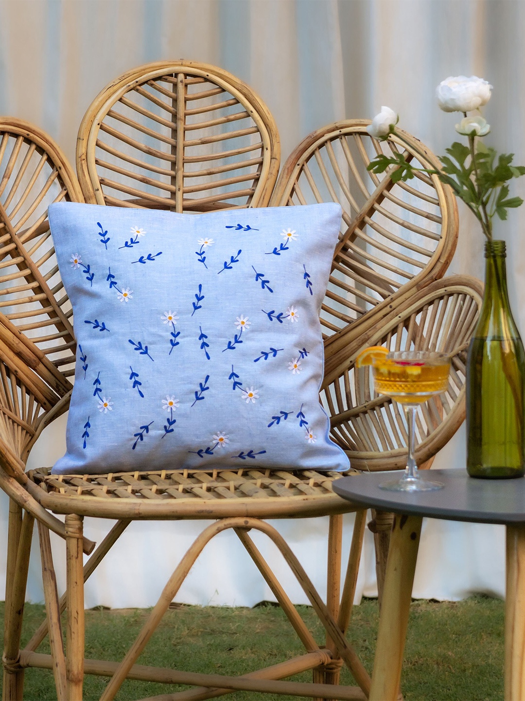 BandBox Blue & Red Embroidered Cotton Square Cushion Cover