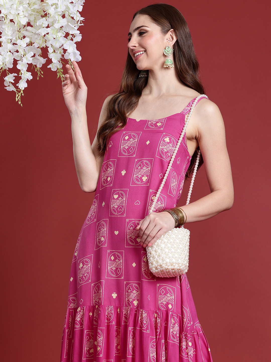 

Anouk Ethnic Motifs Printed Sleeveless A-Line Tiered Kurta, Pink