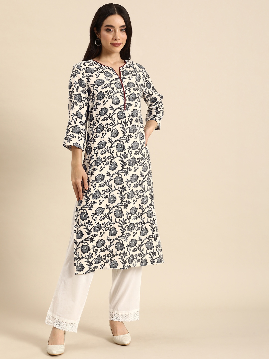 

Anouk Floral Printed Straight Kurta, White