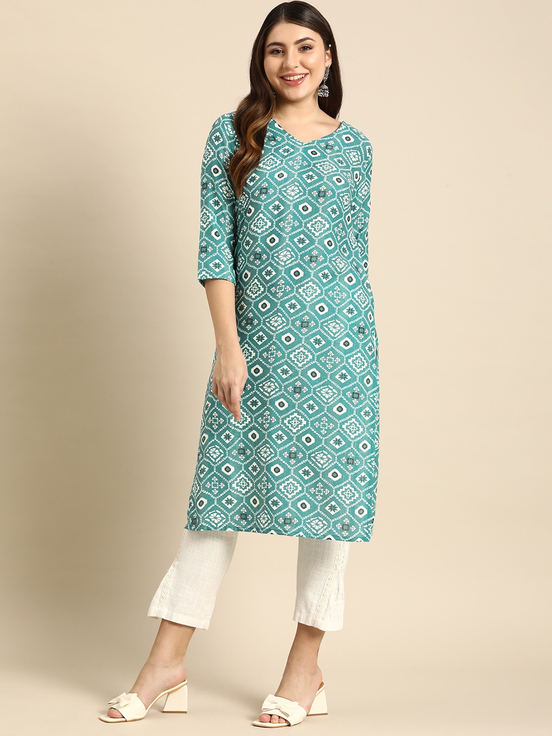 

Anouk Ethnic Motifs Printed High Slit Straight Kurta, Teal