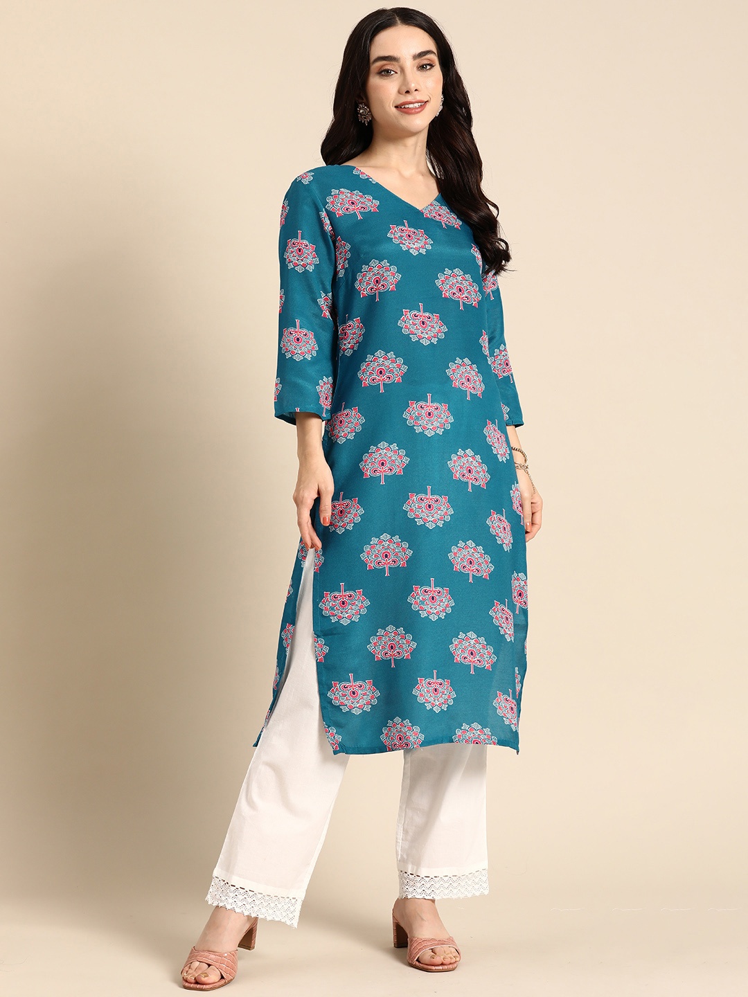 

Anouk Ethnic Motifs V-Neck Printed Kurta, Teal