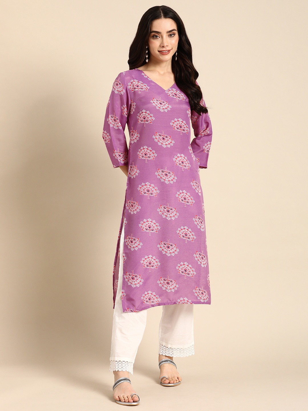 

Anouk Ethnic Motifs Printed V-Neck Straight Kurta, Mauve