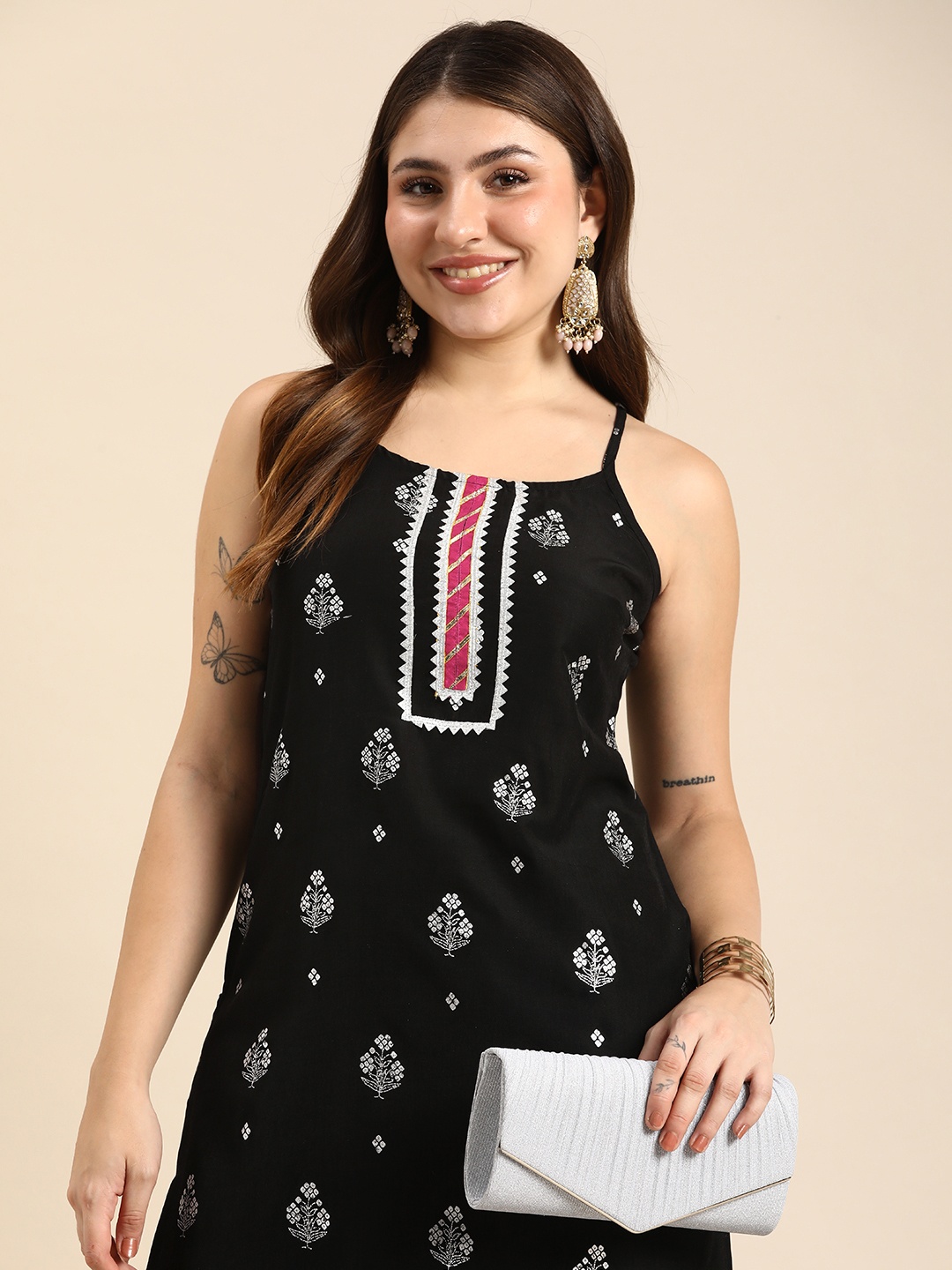 

Anouk Ethnic Motifs Printed Sleeveless Kurta, Black