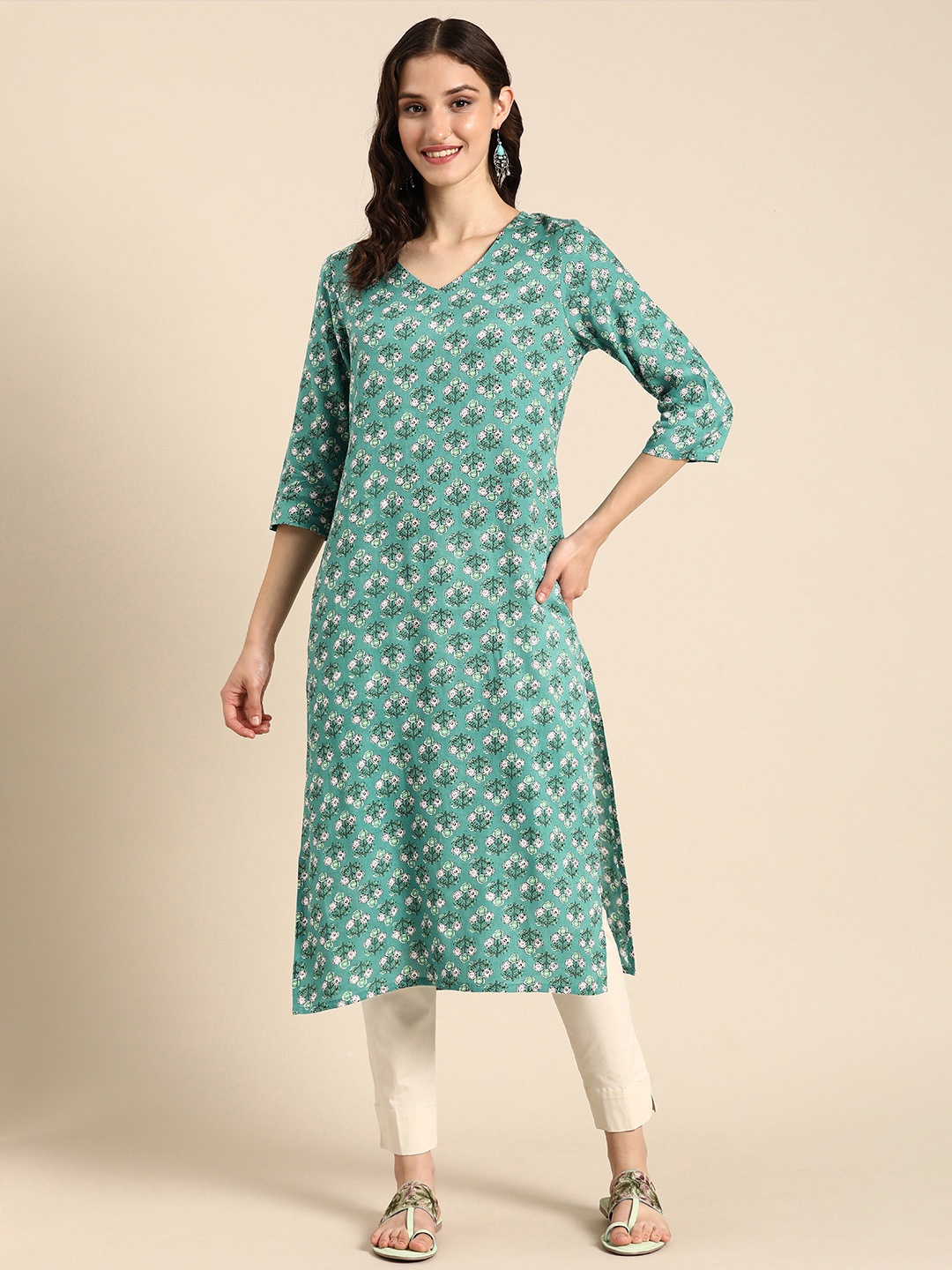 

Anouk V-Neck Floral Printed Knee Length Straight Kurta, Blue