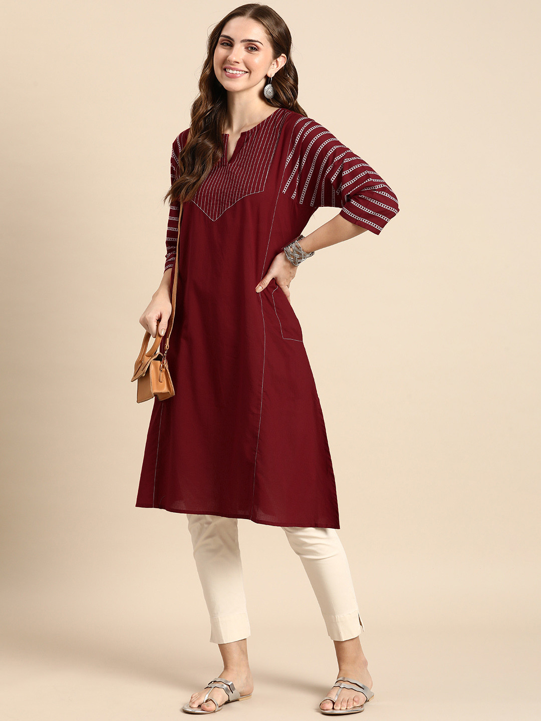 

Anouk Striped Embroidered Thread Work Pure Cotton Kurta, Maroon
