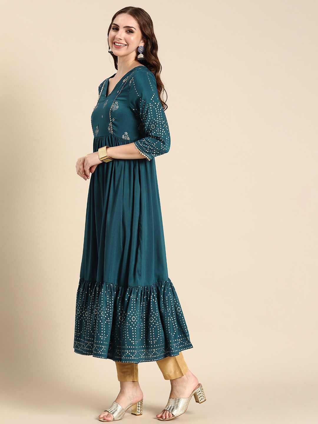 

Anouk Ethnic Motifs Printed Anarkali Kurta, Teal