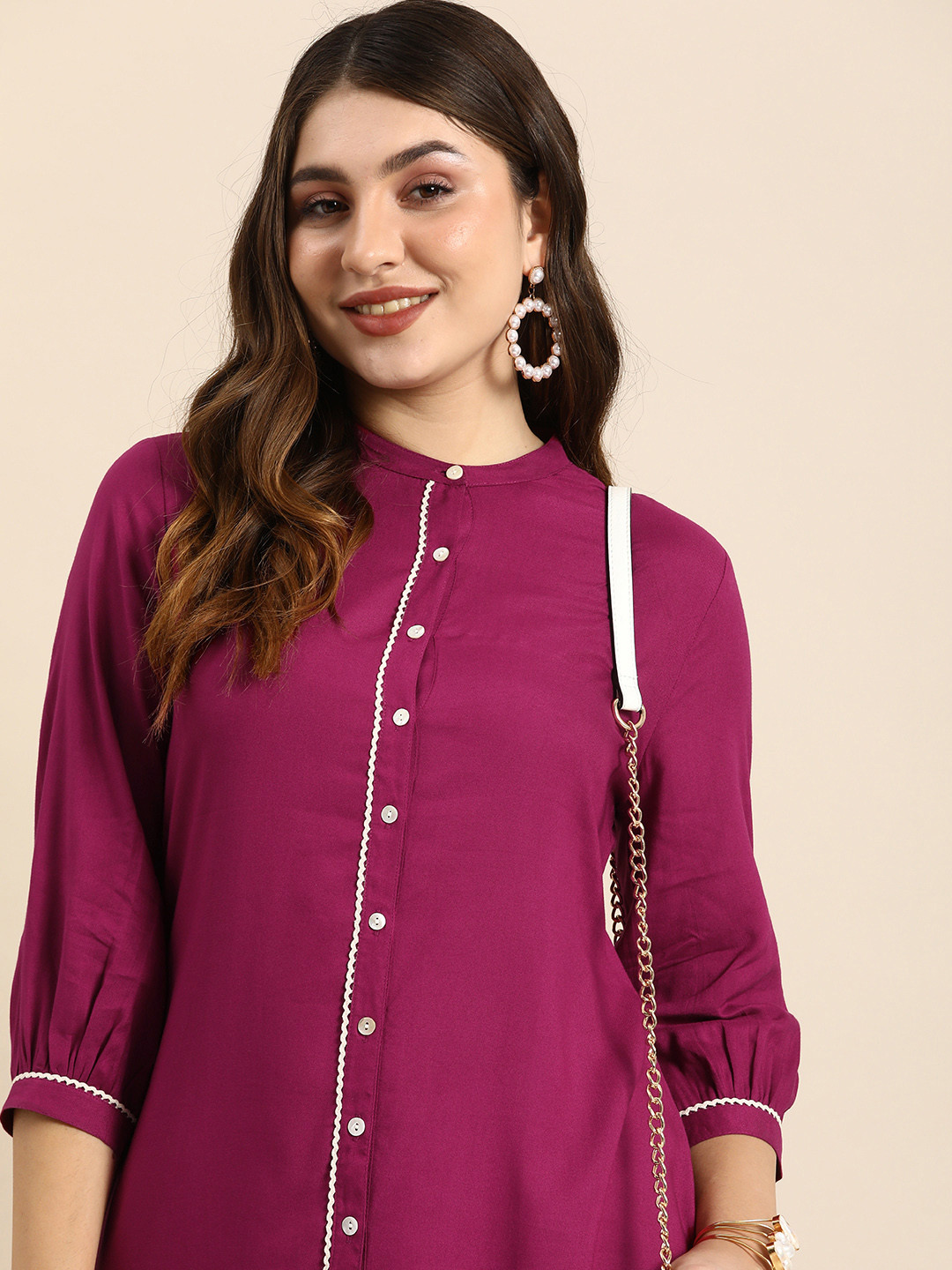

Anouk Band Collar With Printed Detail On Hem A-Line Kurta, Magenta
