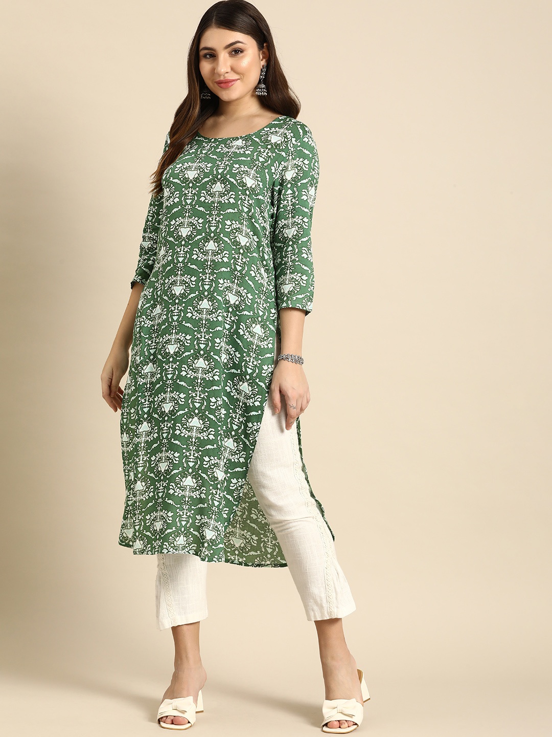 

Anouk Floral Printed High Slit Straight Kurta, Green