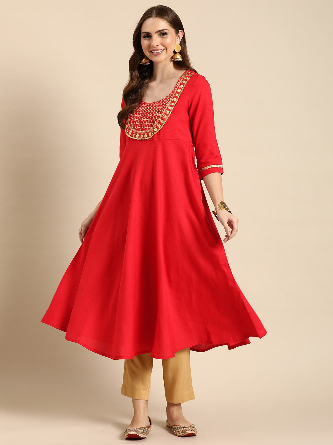 

Anouk Ethnic Motifs Yoke Design Zari Work Kurta, Red