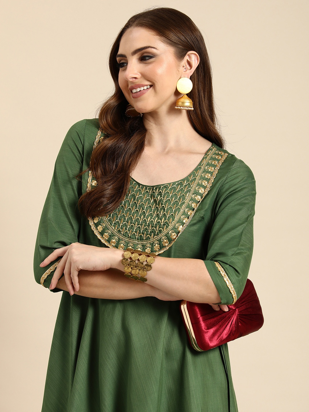 

Anouk Ethnic Motifs Yoke Design Thread Work A-Line Kurta, Green