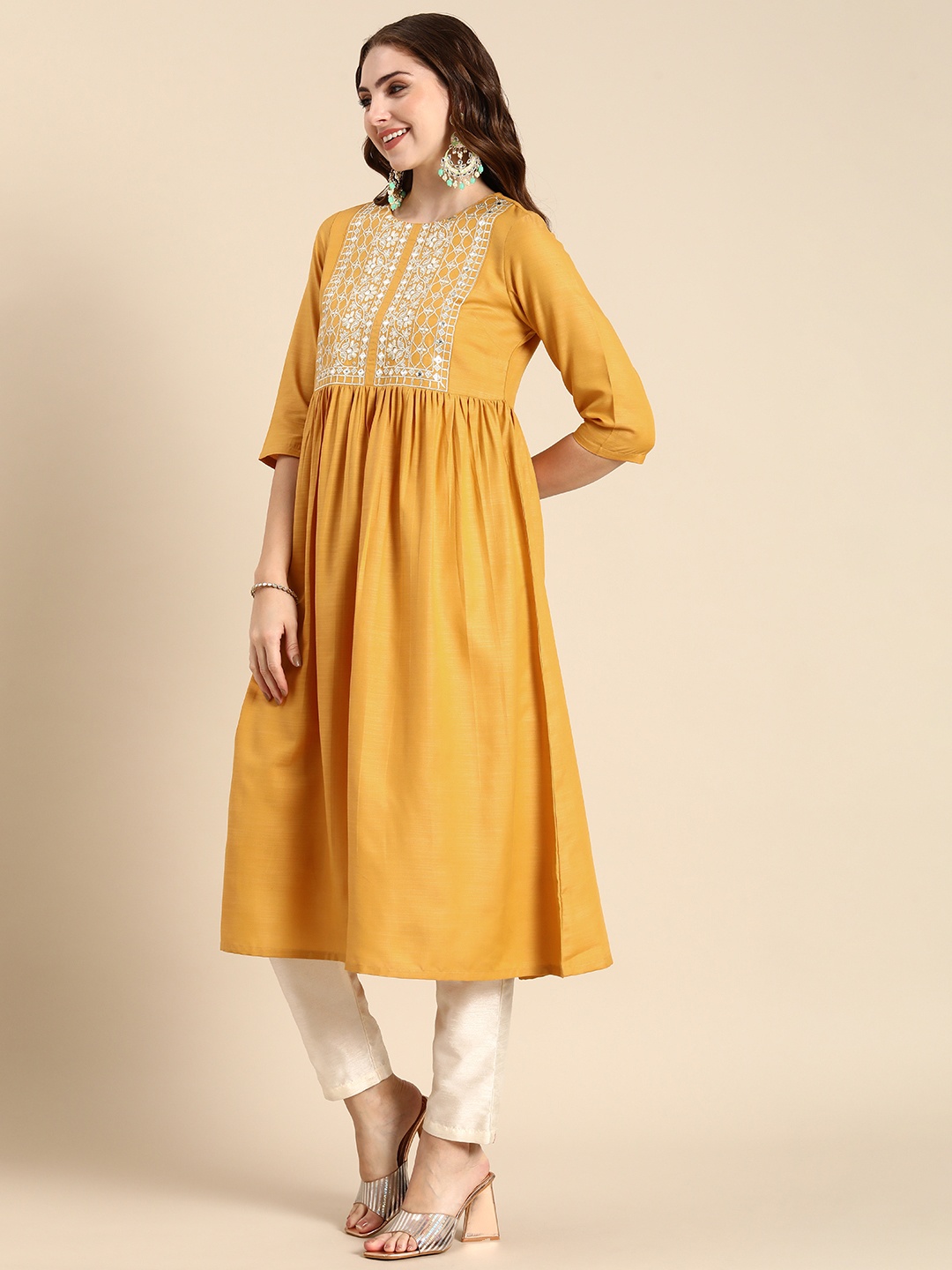 

Anouk Woven Design Round-Neck A-Line Kurta, Mustard