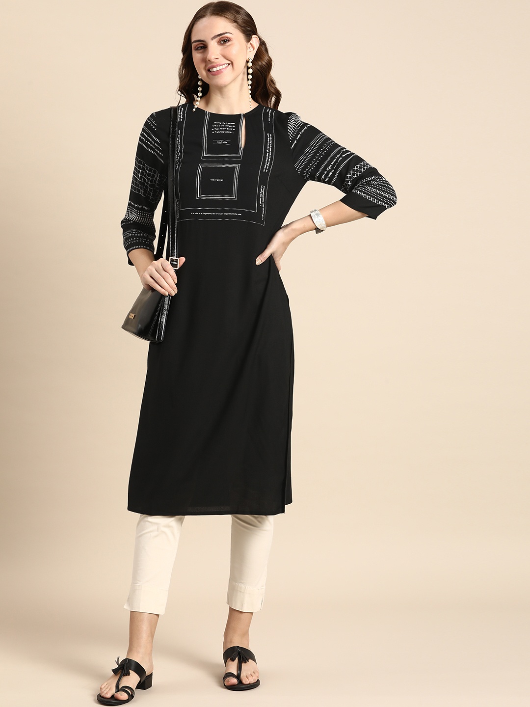 

Anouk Geometric And Typography Printed Straight Kurta, Black