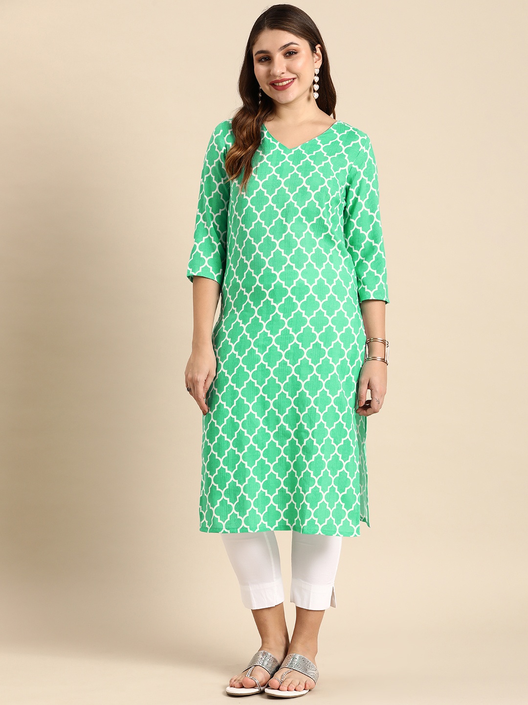 

Anouk V-Neck Geometric Printed Kurta, Green