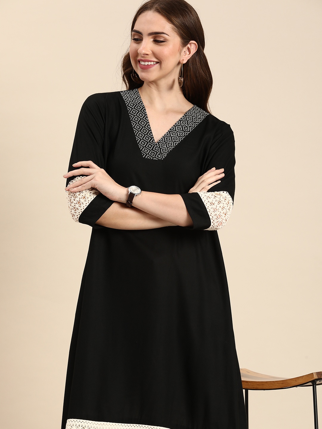 

Anouk Self Design Thread Work Kurta, Black