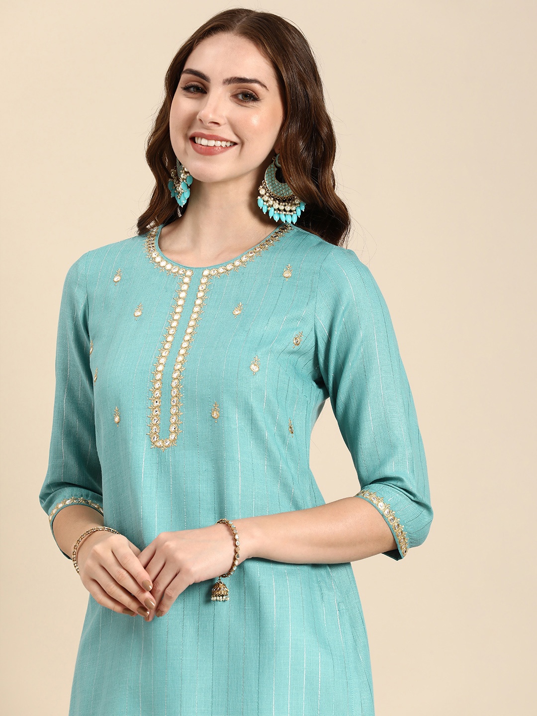 

Anouk Striped Stone-work Detailed Straight Kurta, Turquoise blue