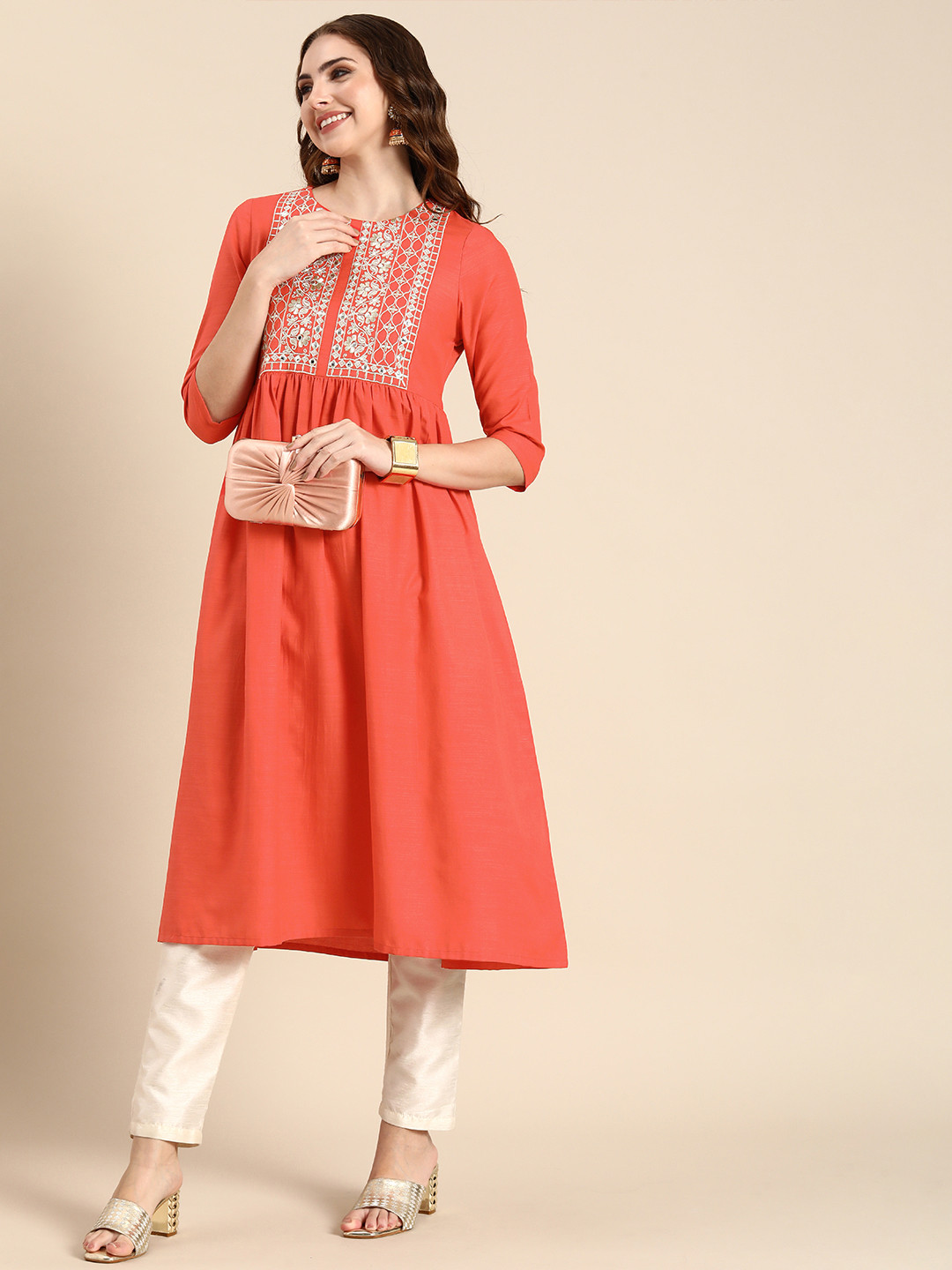 

Anouk Yoke Design Zari Work Kurta, Orange