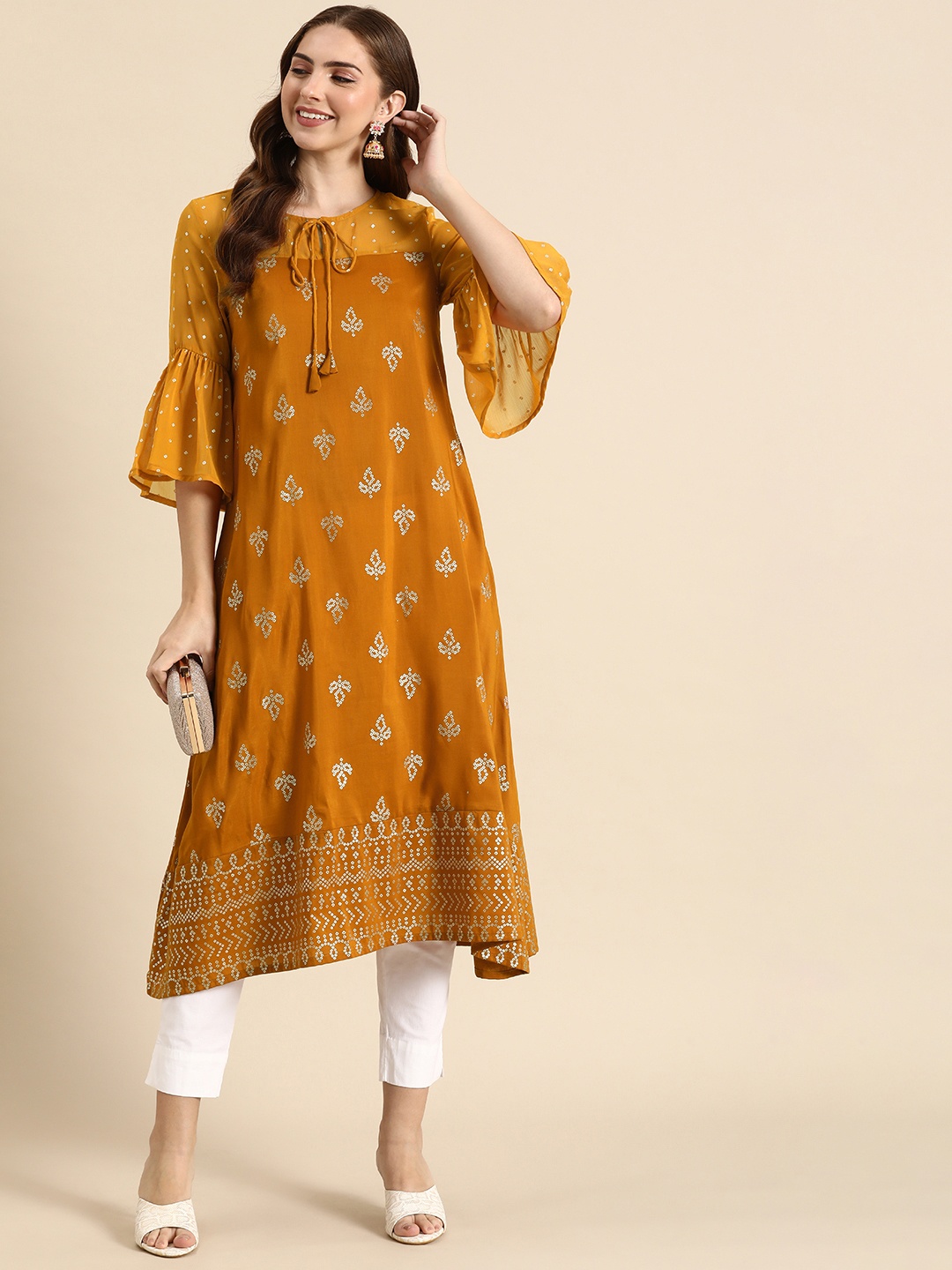 

Anouk Geometric Printed Bell Sleeves Kurta, Mustard