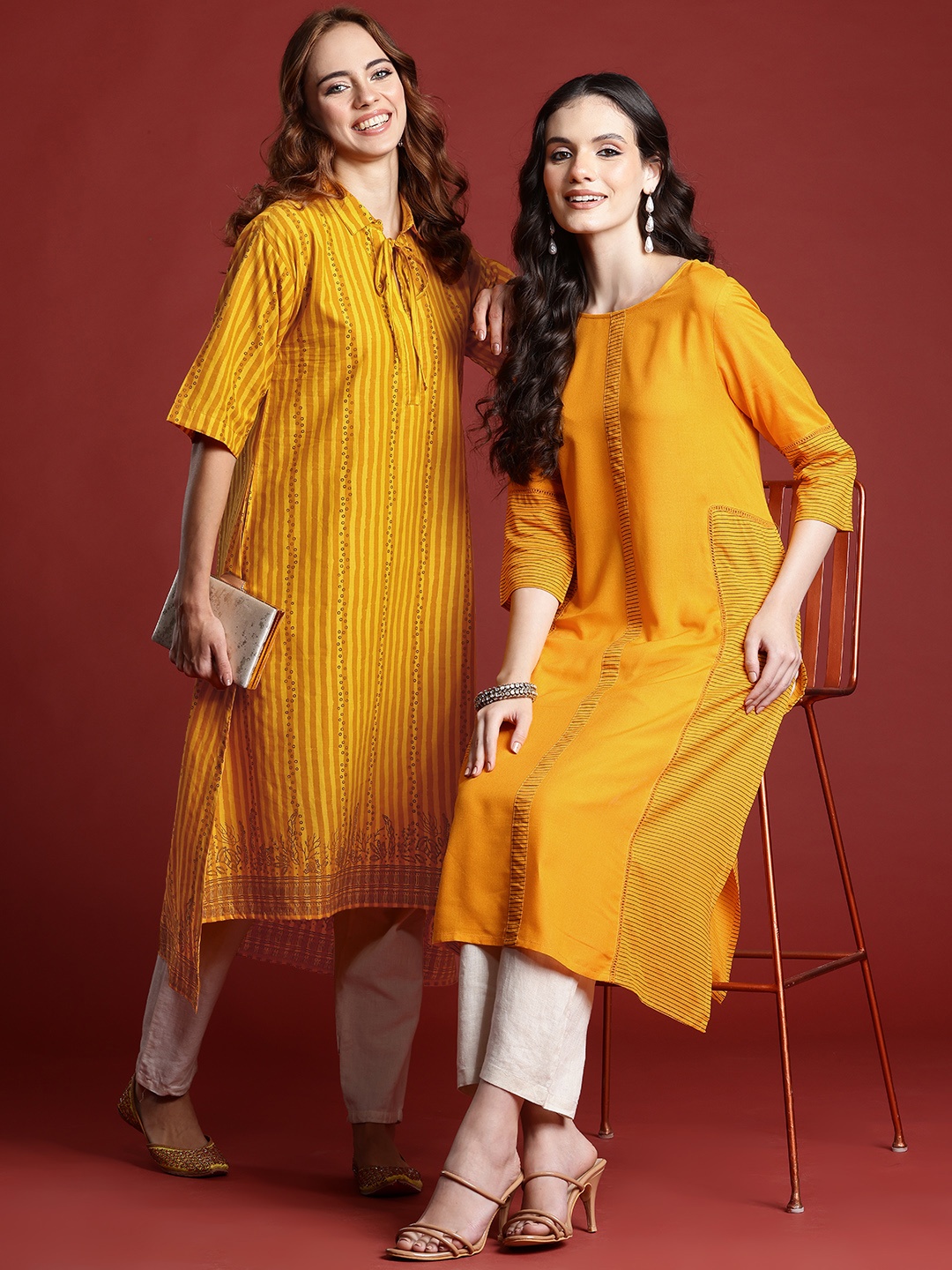 

Anouk Striped Thread Work Round-Neck Straight Kurta, Mustard