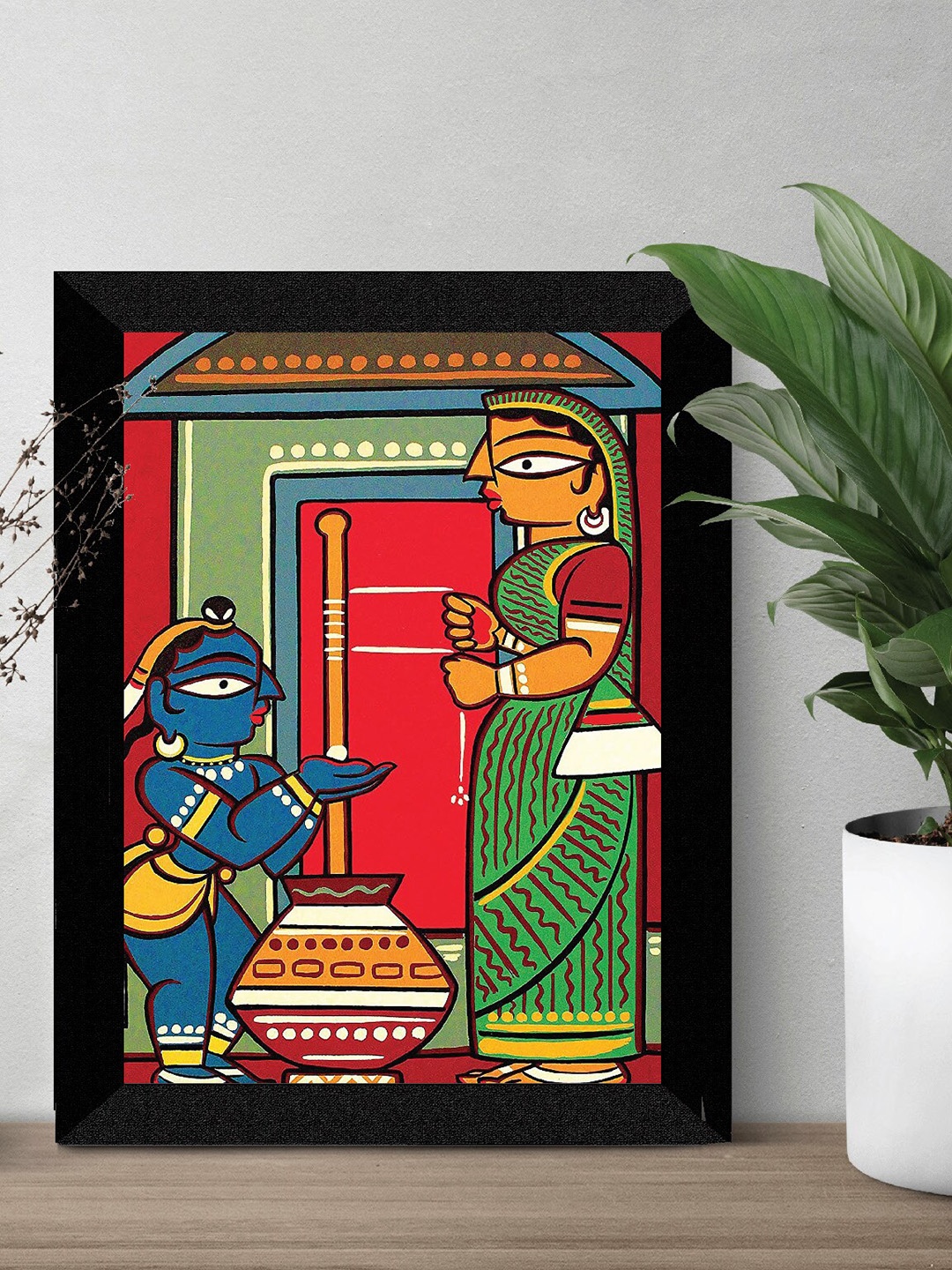 

SAF Red & Green Religious Mother Yashoda and Young Krishna Printed Framed Wall Art