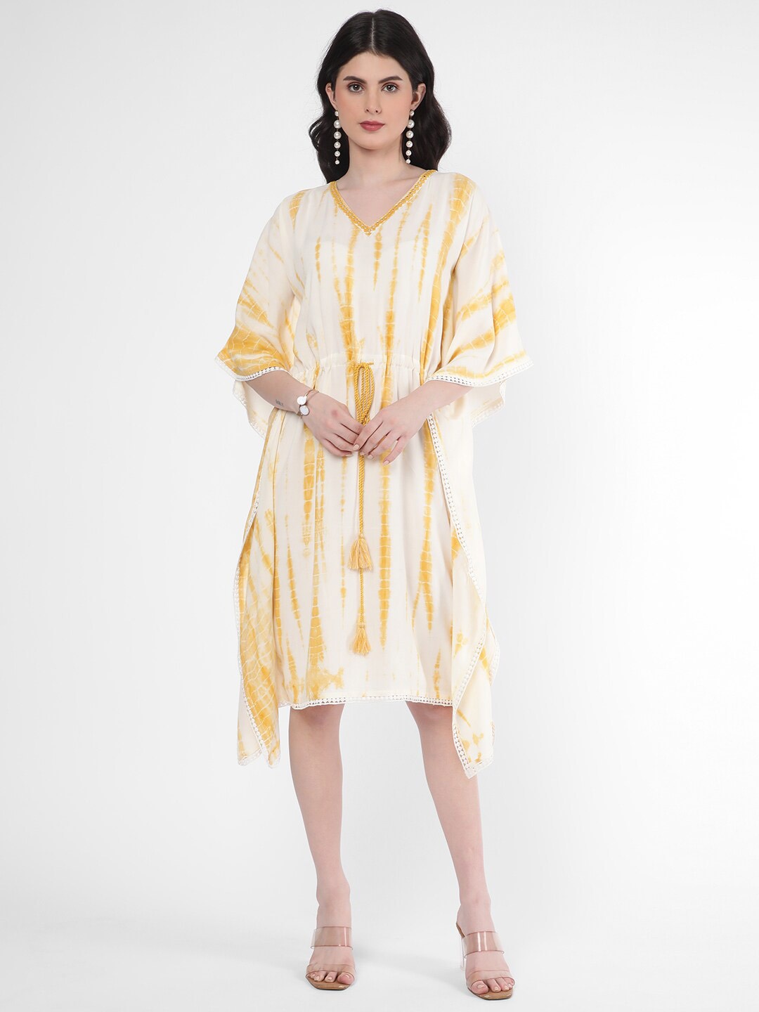 

R&B Tie-Dyed V-Neck Flared Sleeves Kaftan Dress, Yellow