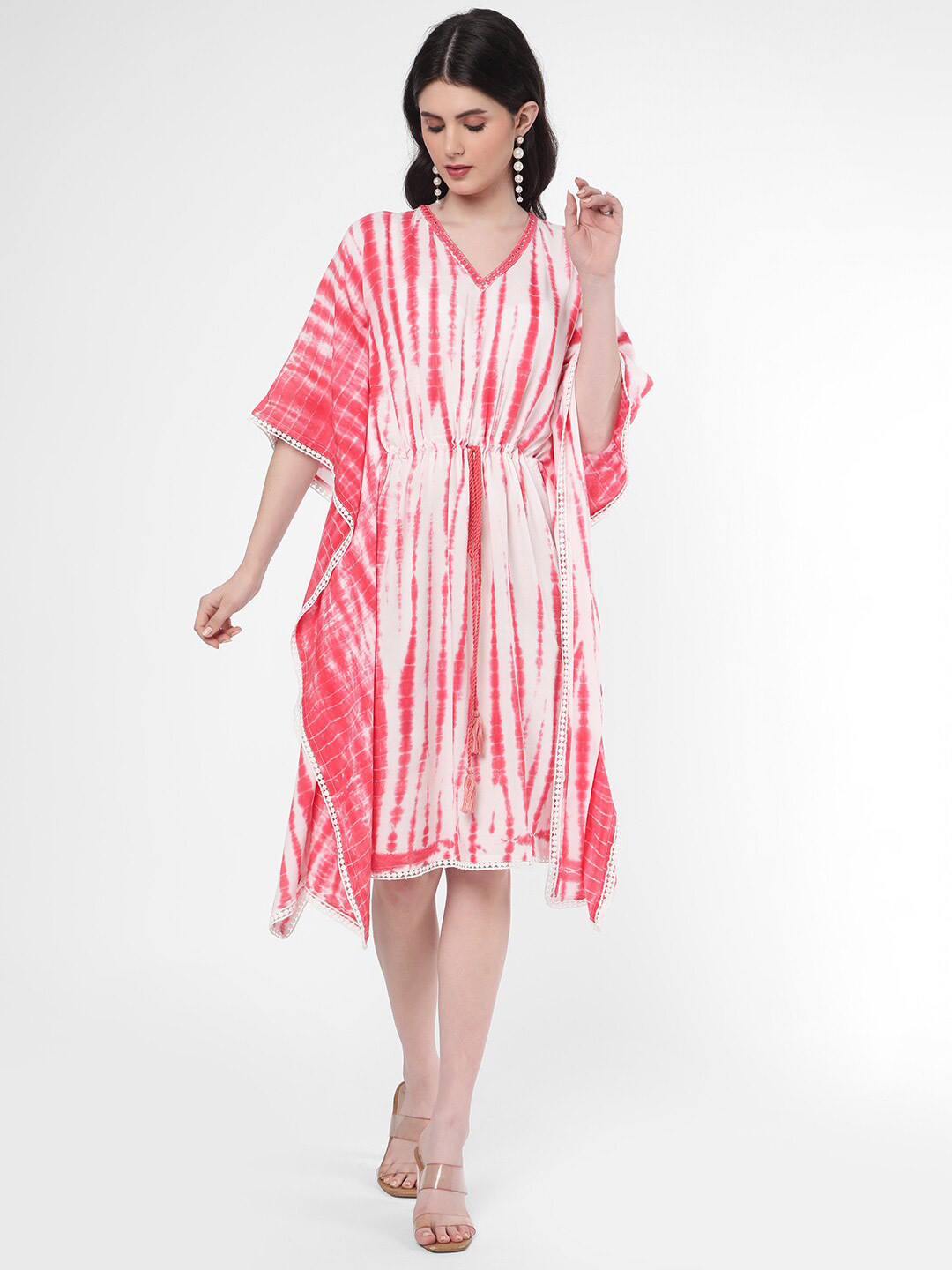 

R&B Tie-Dyed V-Neck Flared Sleeves Kaftan Dress, Peach