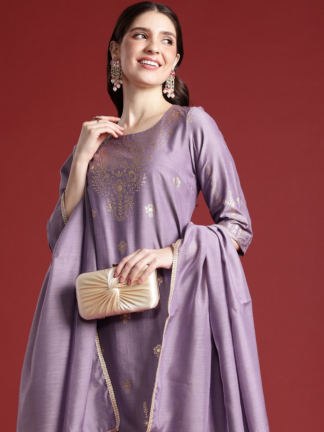 

Anouk Women Ethnic Motifs Printed Regular Kurta With Sharara & Dupatta, Lavender