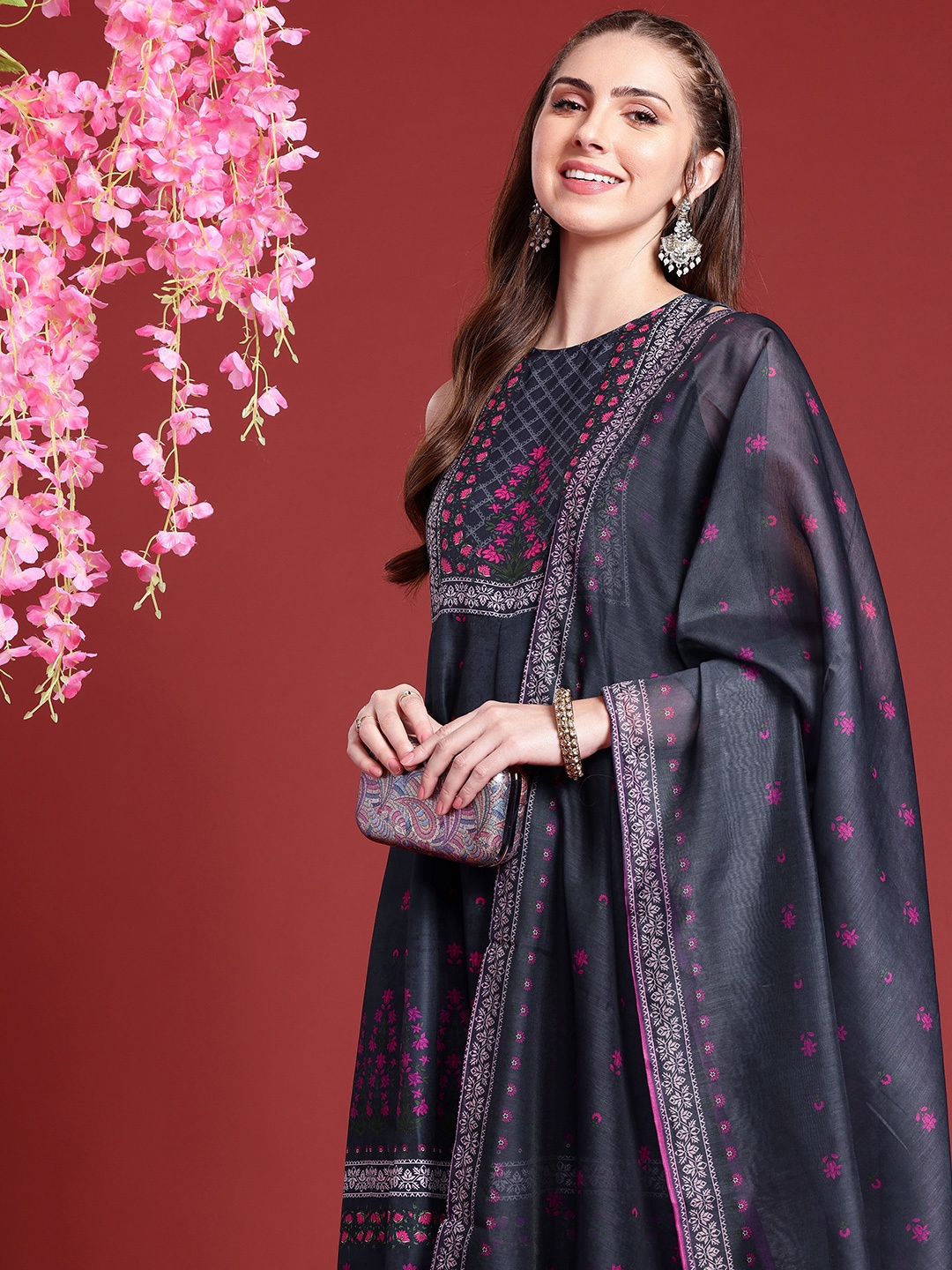 

Anouk Floral Printed A-Line Kurta With Trousers & With Dupatta, Navy blue