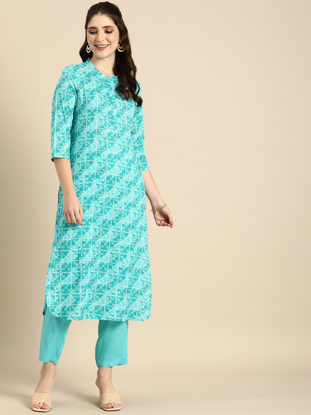 

Anouk Printed Kurta with Trousers, Turquoise blue