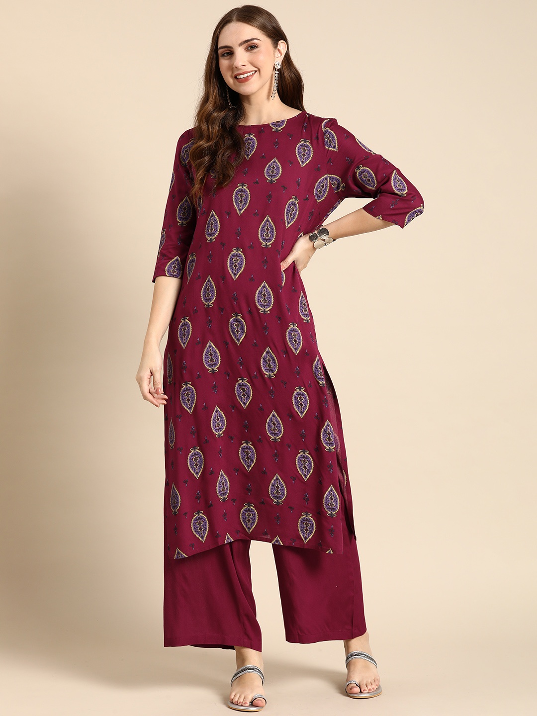 

Anouk Ethnic Motifs Printed Straight Kurta with Palazzos, Maroon