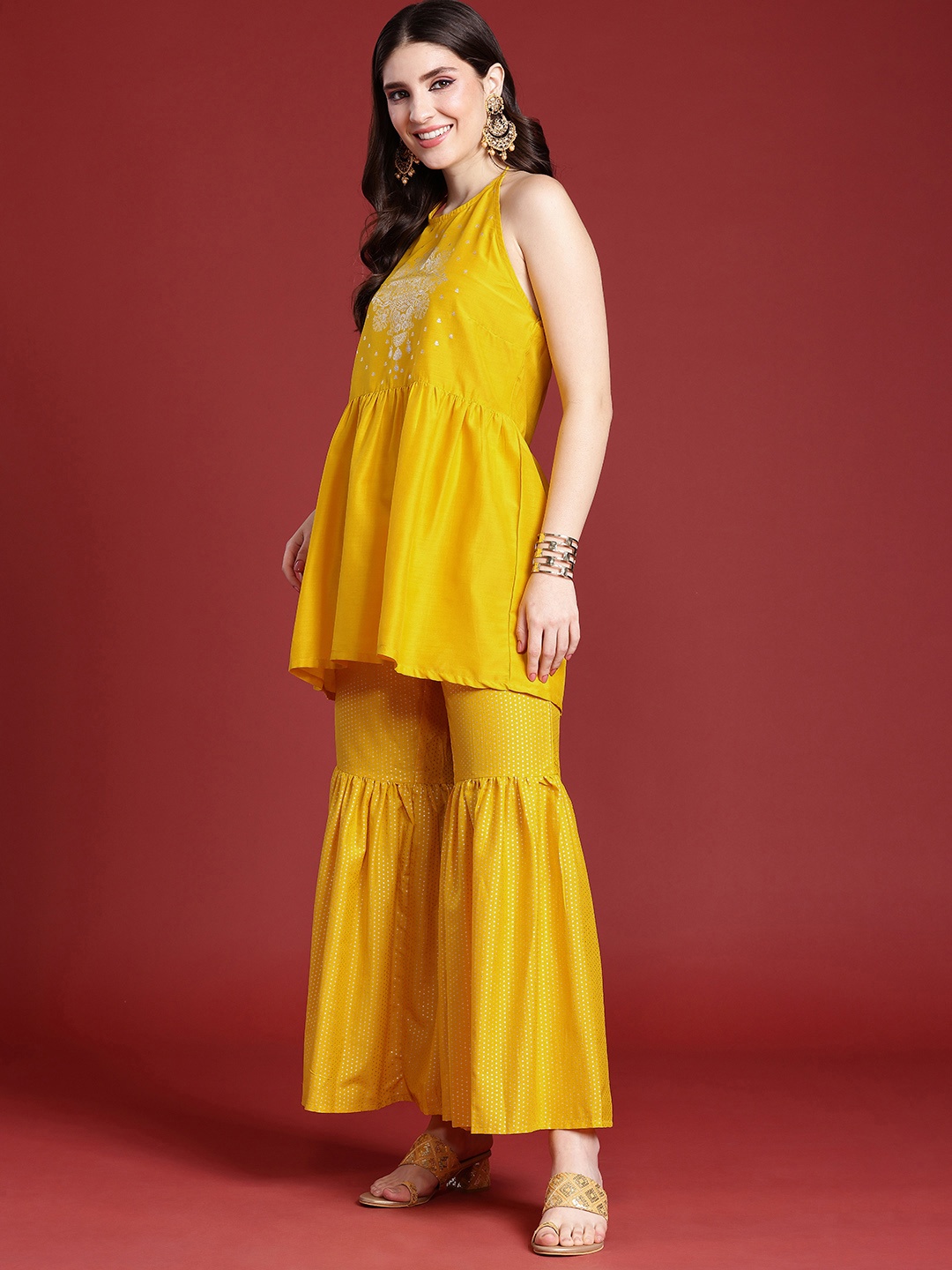 

Anouk Women Ethnic Motifs Printed Regular Kurti With Sharara & Dupatta, Yellow