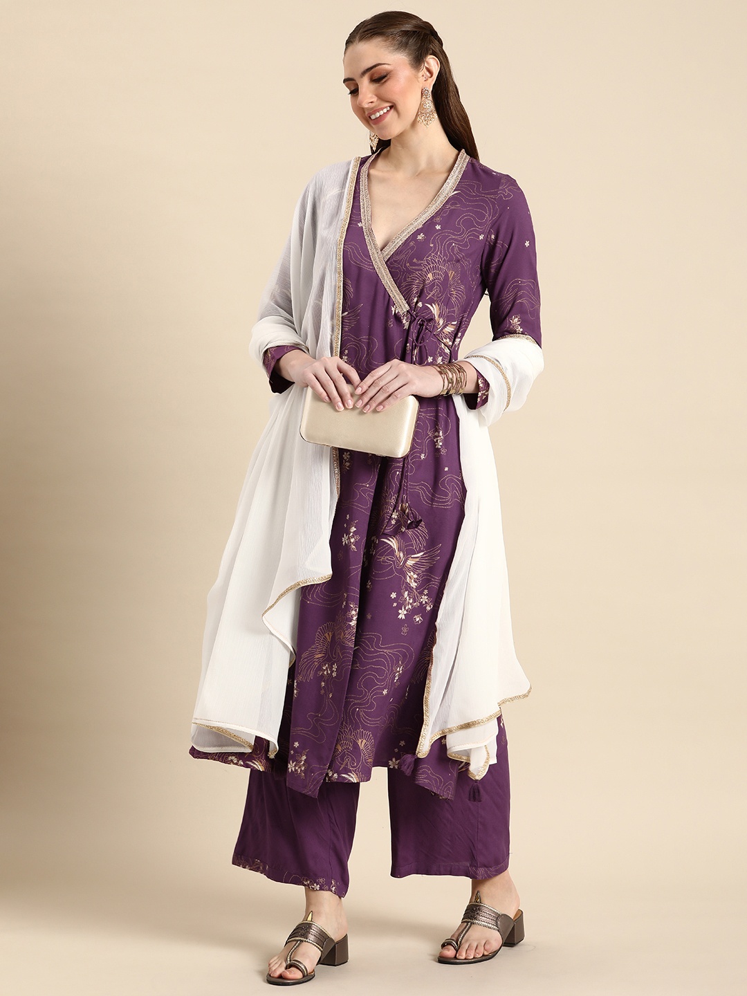 

Anouk Women Ethnic Motifs Printed Angrakha Kurta & Palazzos With Dupatta, Purple
