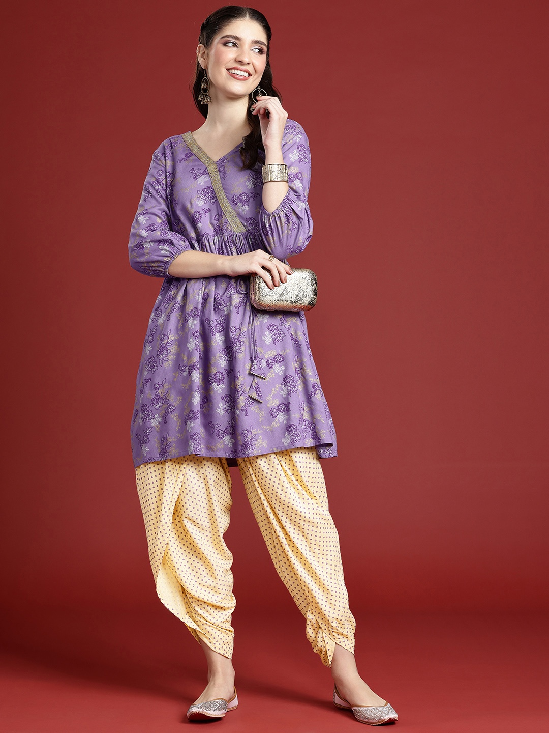 

Anouk Floral Printed V-Neck Angrakha Styled A-Line Kurti With Dhoti Pants, Purple