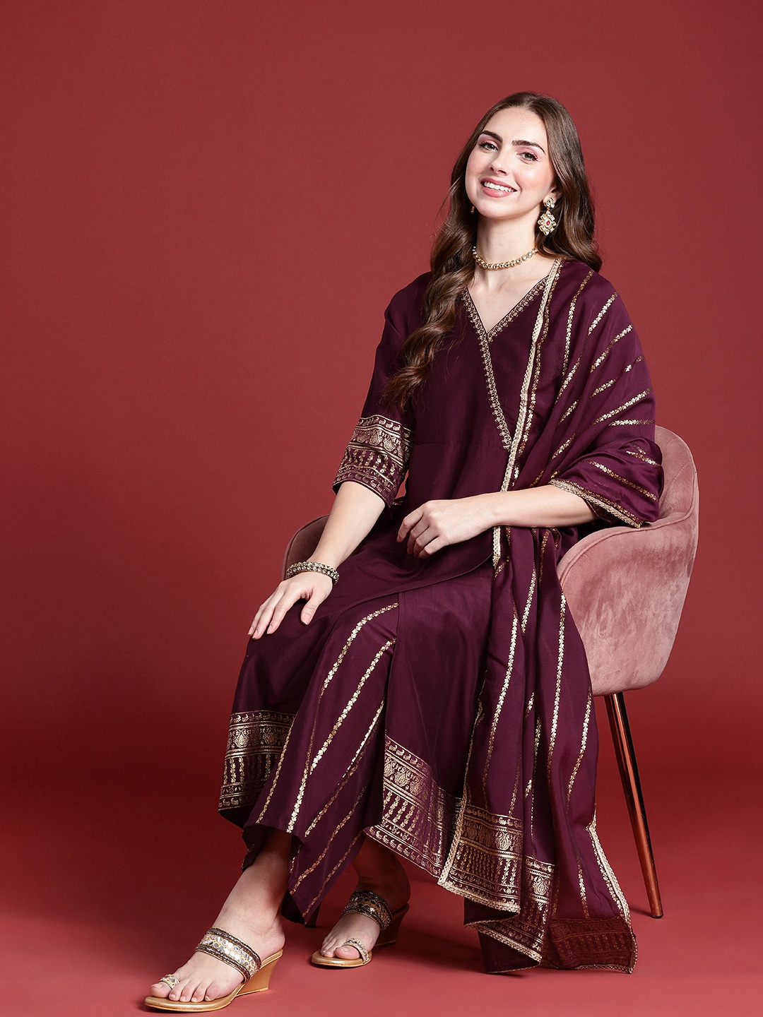 

Anouk Women Ethnic Motifs Printed Angrakha Kurta with Palazzos & With Dupatta, Purple