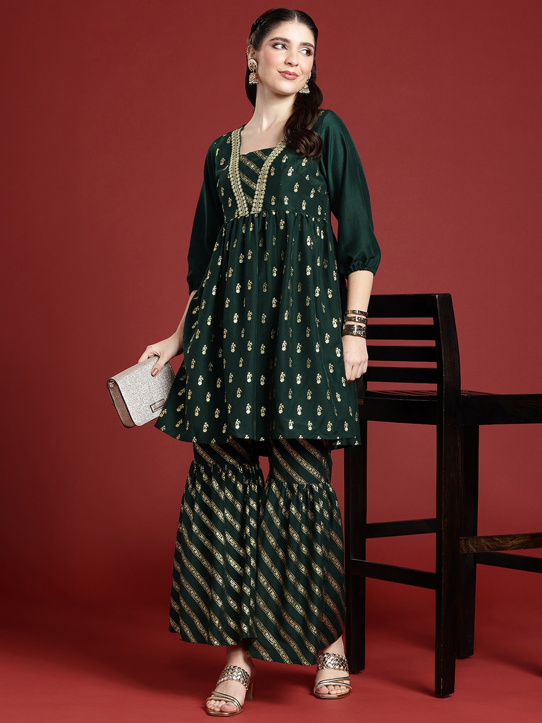 

Anouk Ethnic Motifs Printed Regular Kurta with Sharara, Green