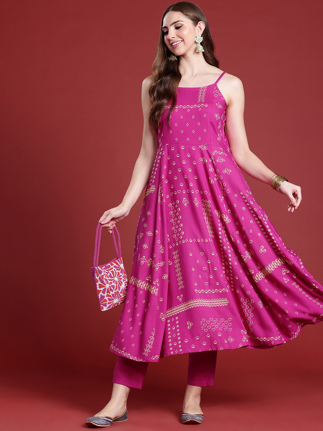 

Anouk Ethnic Motifs Printed A-line Kurta with Trousers, Pink