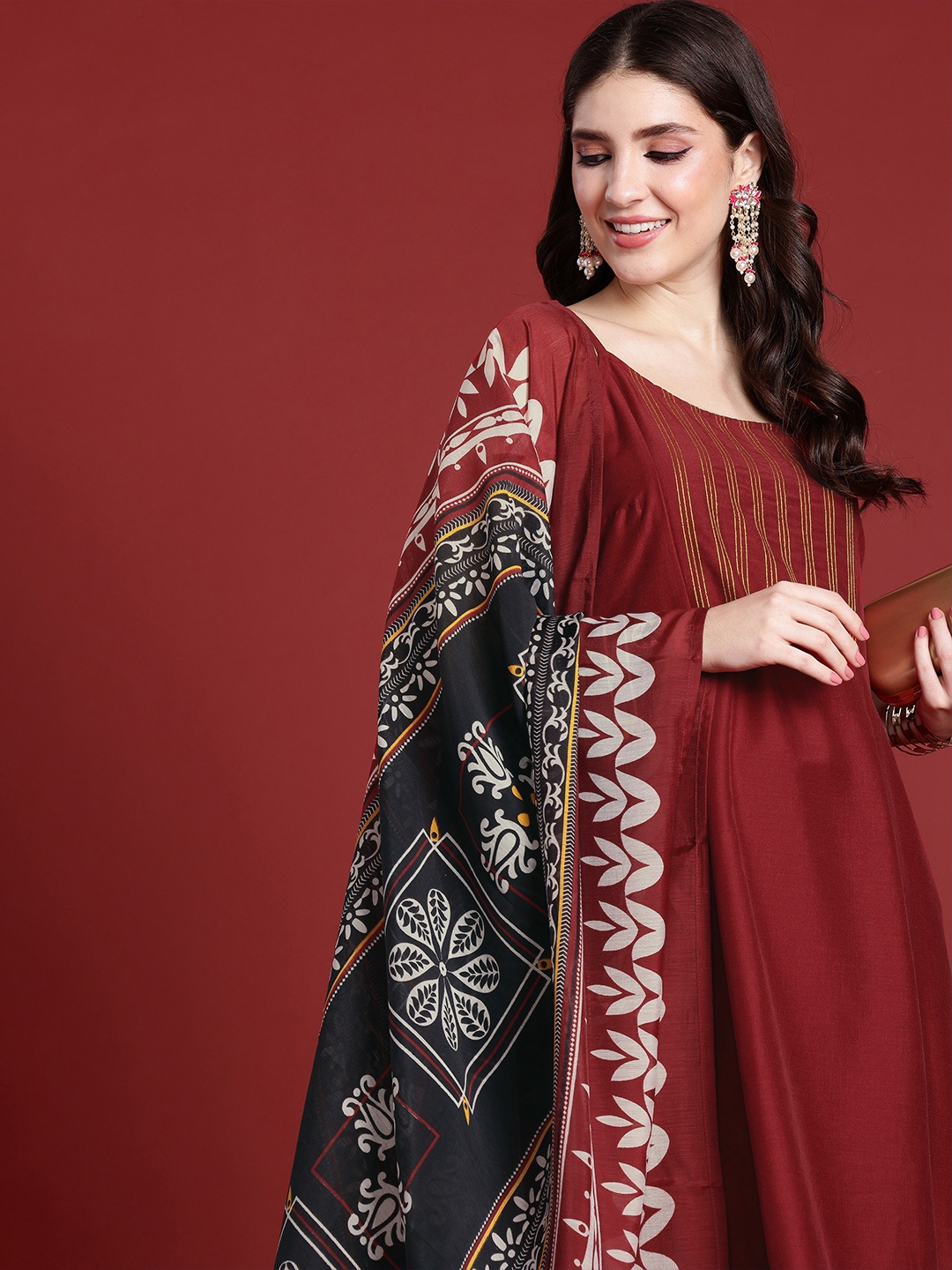 

Anouk Women Thread Work Kurta with Trousers & With Dupatta, Red