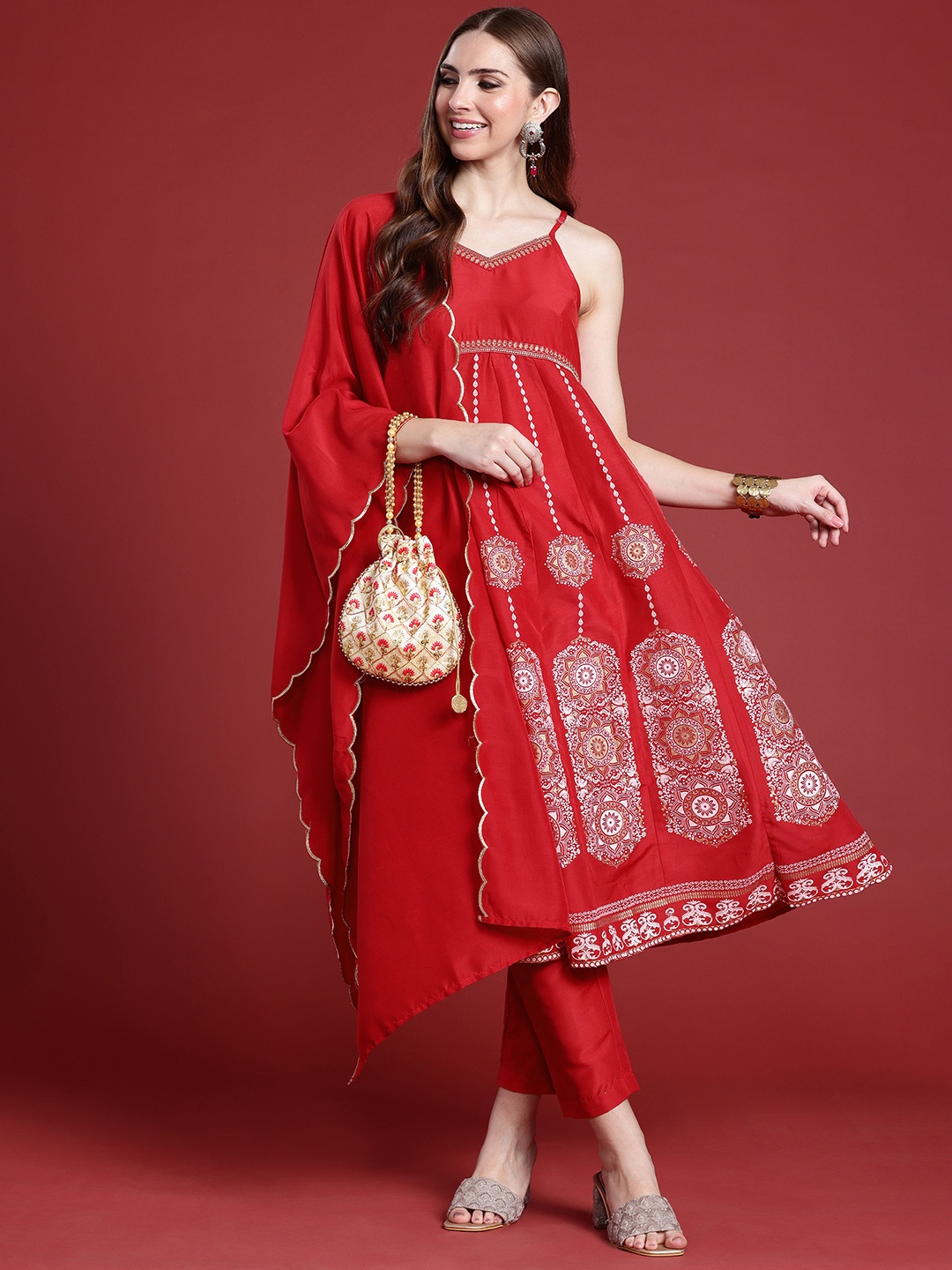 

Anouk Women Ethnic Motifs Printed Zari Work Empire Kurta With Trousers & Dupatta, Red