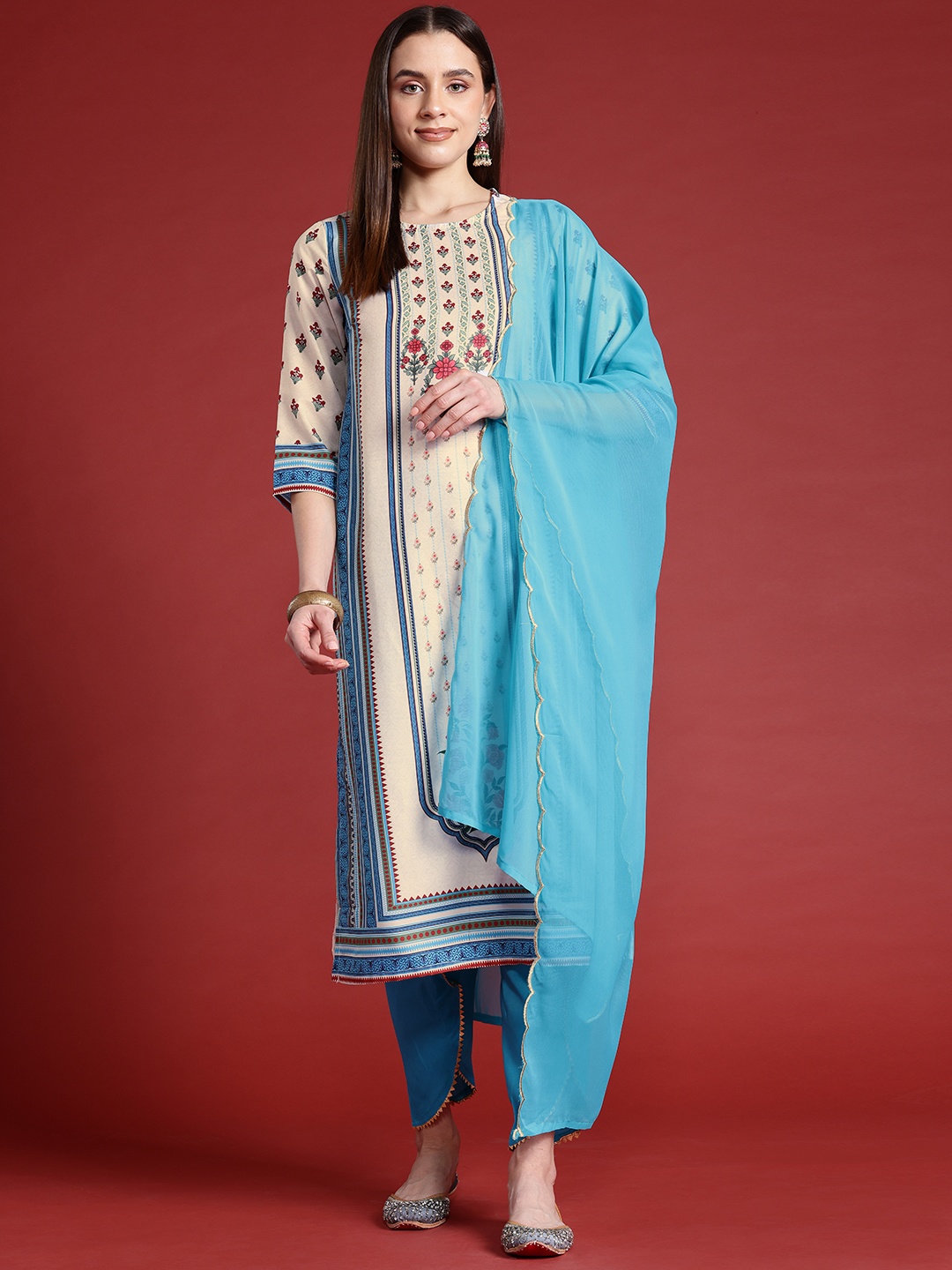

Anouk Floral Printed Kurta Suit Set, Off white