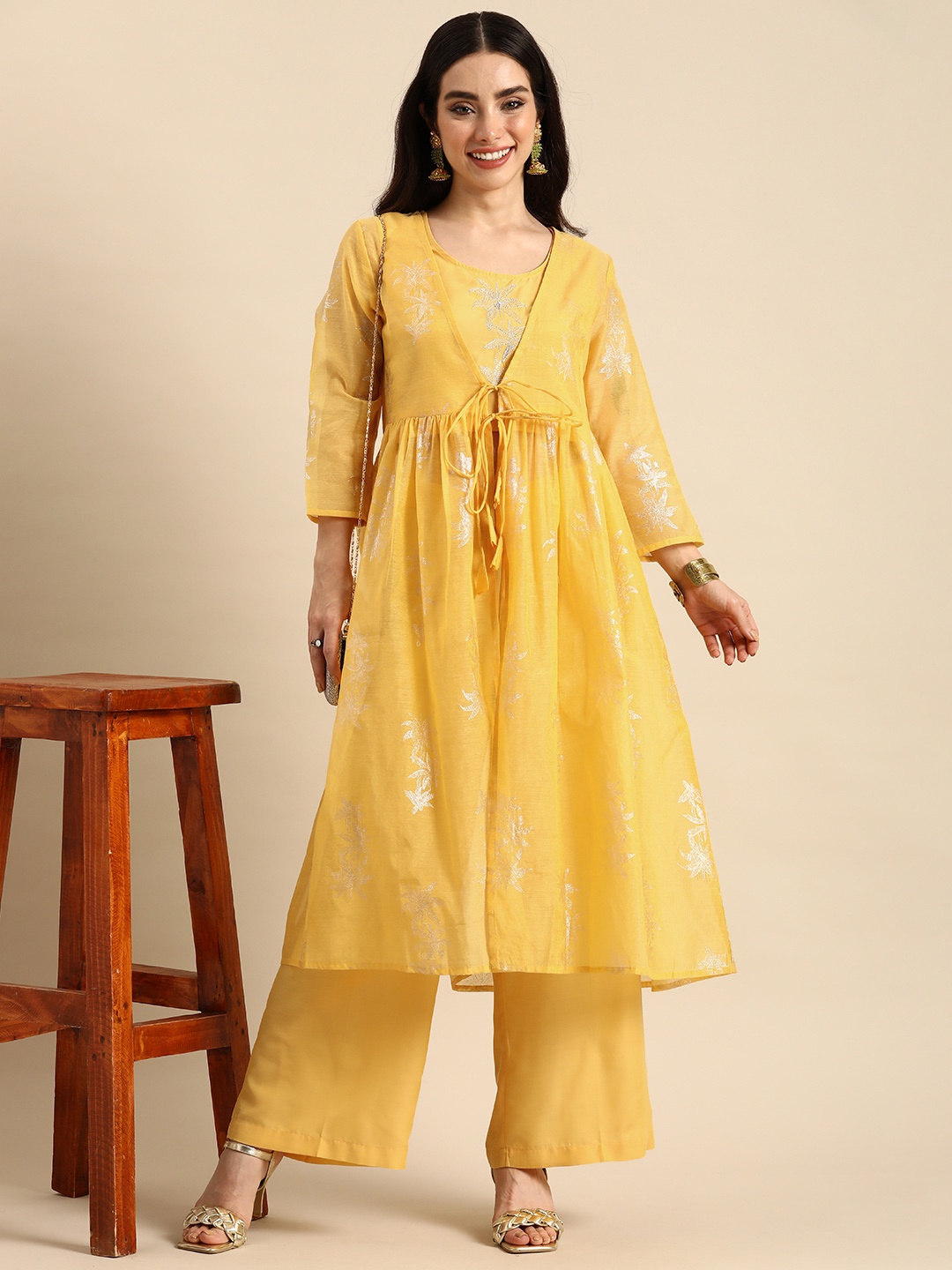 

Anouk Ethnic Motifs Embroidered Regular Thread Work Top with Palazzos & Jacket, Yellow